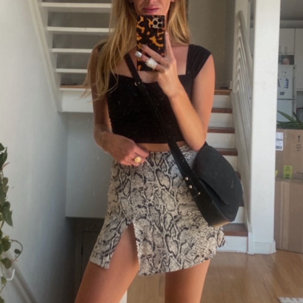 Reformation Black and Cream Snake Print Mini Skirt